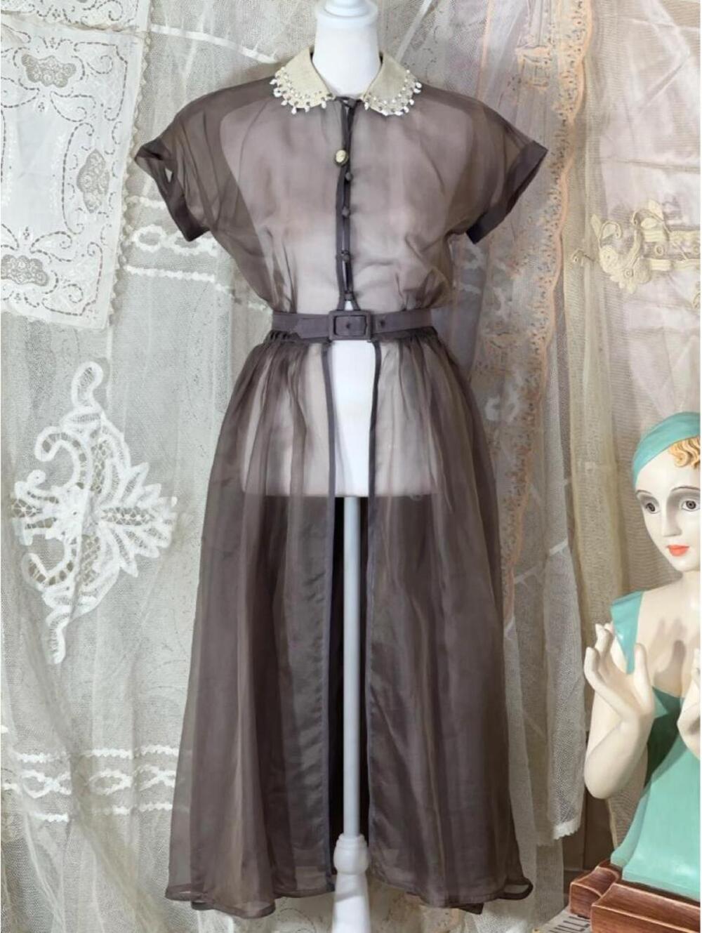 Vintage 1950s sheer organza or nylon duster dress/ open-front overlay gown